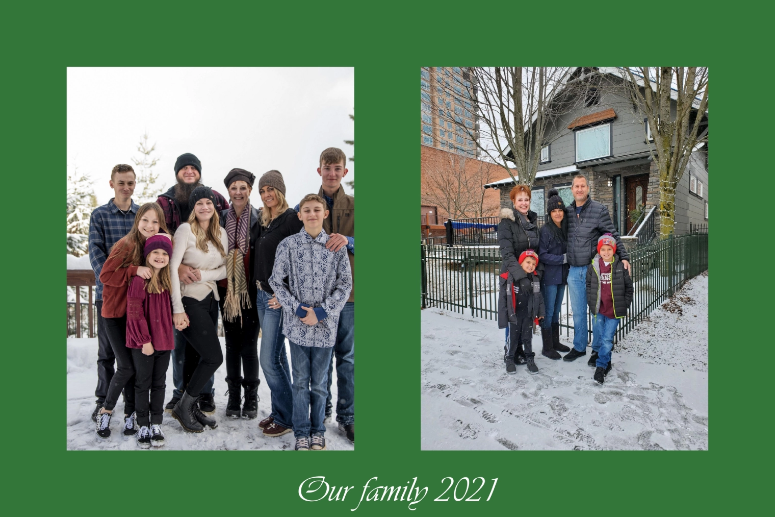 Family portraits in snowy outdoor setting.