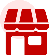 Red storefront icon with awning design.