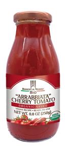 Organic arrabbiata cherry tomato sauce bottle.