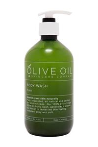 Green bottle of olive oil body wash.