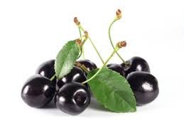 Black cherries with green leaves on white.