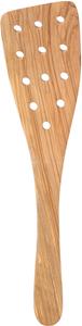 Wooden slotted spatula with multiple holes.