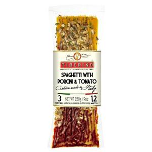 Tiberino spaghetti with porcini and tomato packaging.