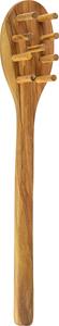 Wooden spaghetti serving spoon with prongs.