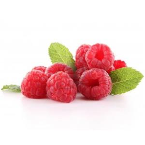 Raspberries with green leaves on white background.