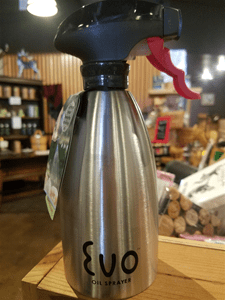 Stainless steel oil sprayer on display.
