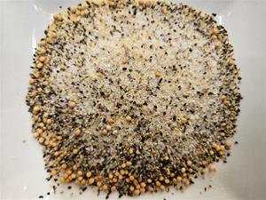 Mixed seeds and grains on white background.