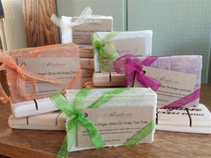 Colorful wrapped soap bars on display.