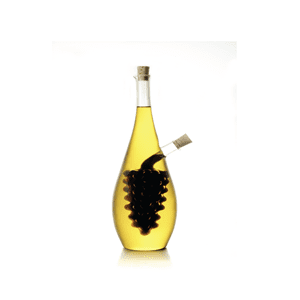 Glass bottle with grape design inside.