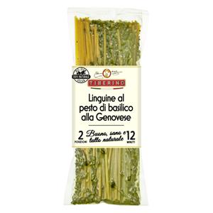 Packaged pesto linguine pasta in clear bag.