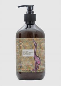 Brown bottle with pump and bird label.