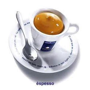 Espresso cup with saucer and spoon.