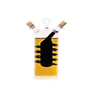 Glass bottle with oil and vinegar inside.