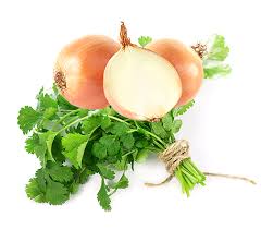 Onions and cilantro on white background.