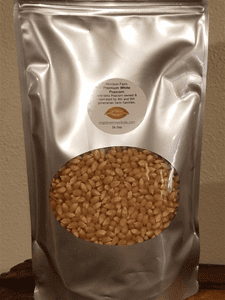 Silver bag of popcorn kernels.