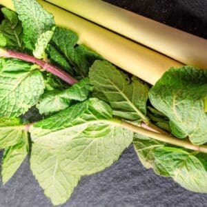 Mint leaves and lemongrass on black slate.